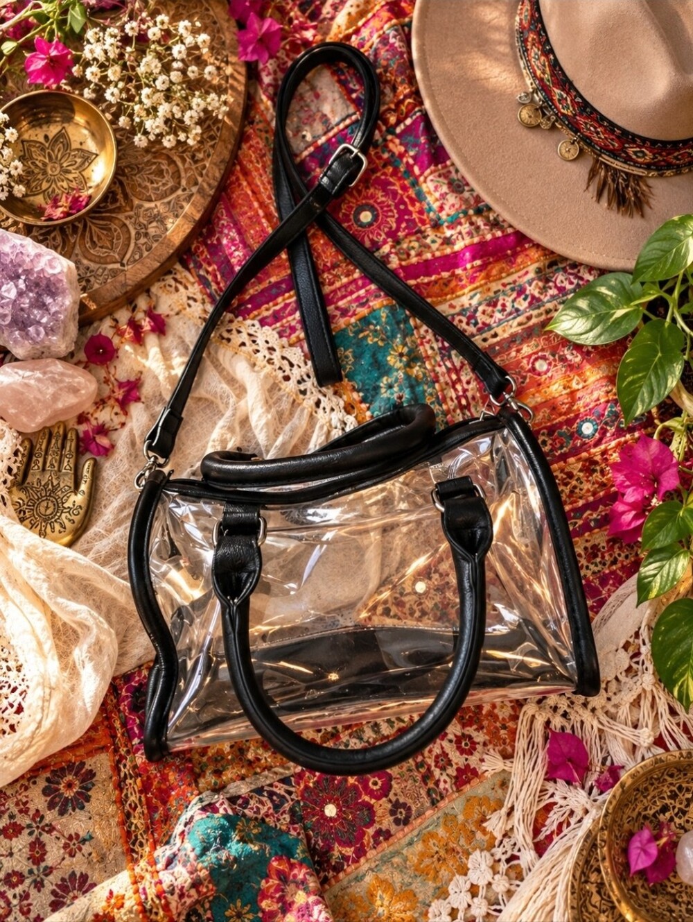 4/$15 Clear Transparent Mini Tote Crossbody Bag Black Trim Y2K 90s Retro Festiva